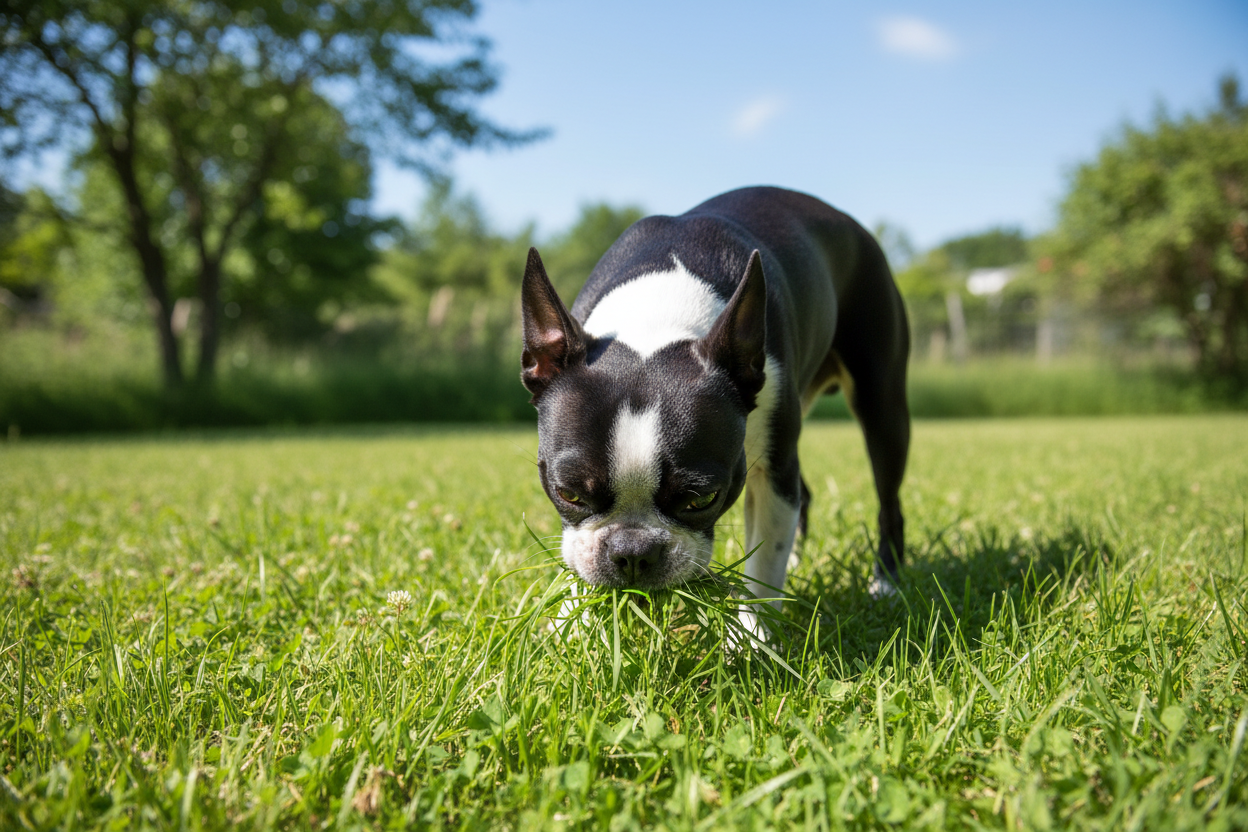 a boston terrier eating grass outside