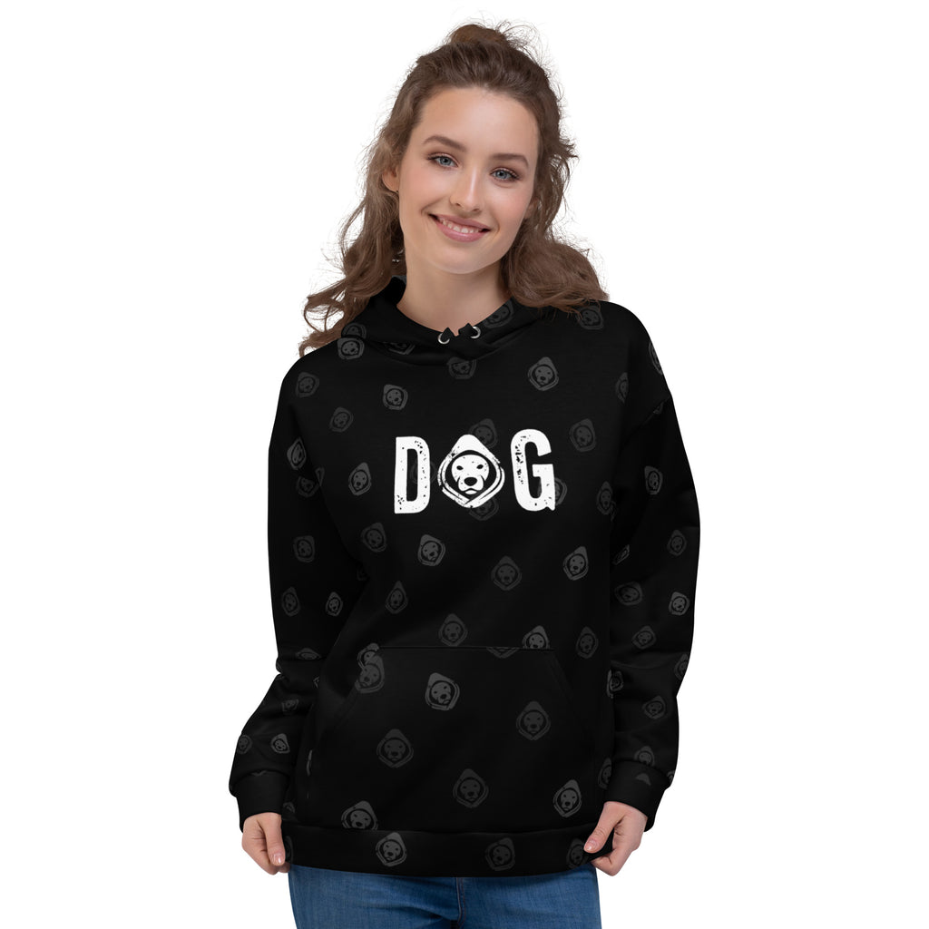 DOG All-Over Print Recycled Unisex Hoodie – Soft Fleece, Bold Streetwear