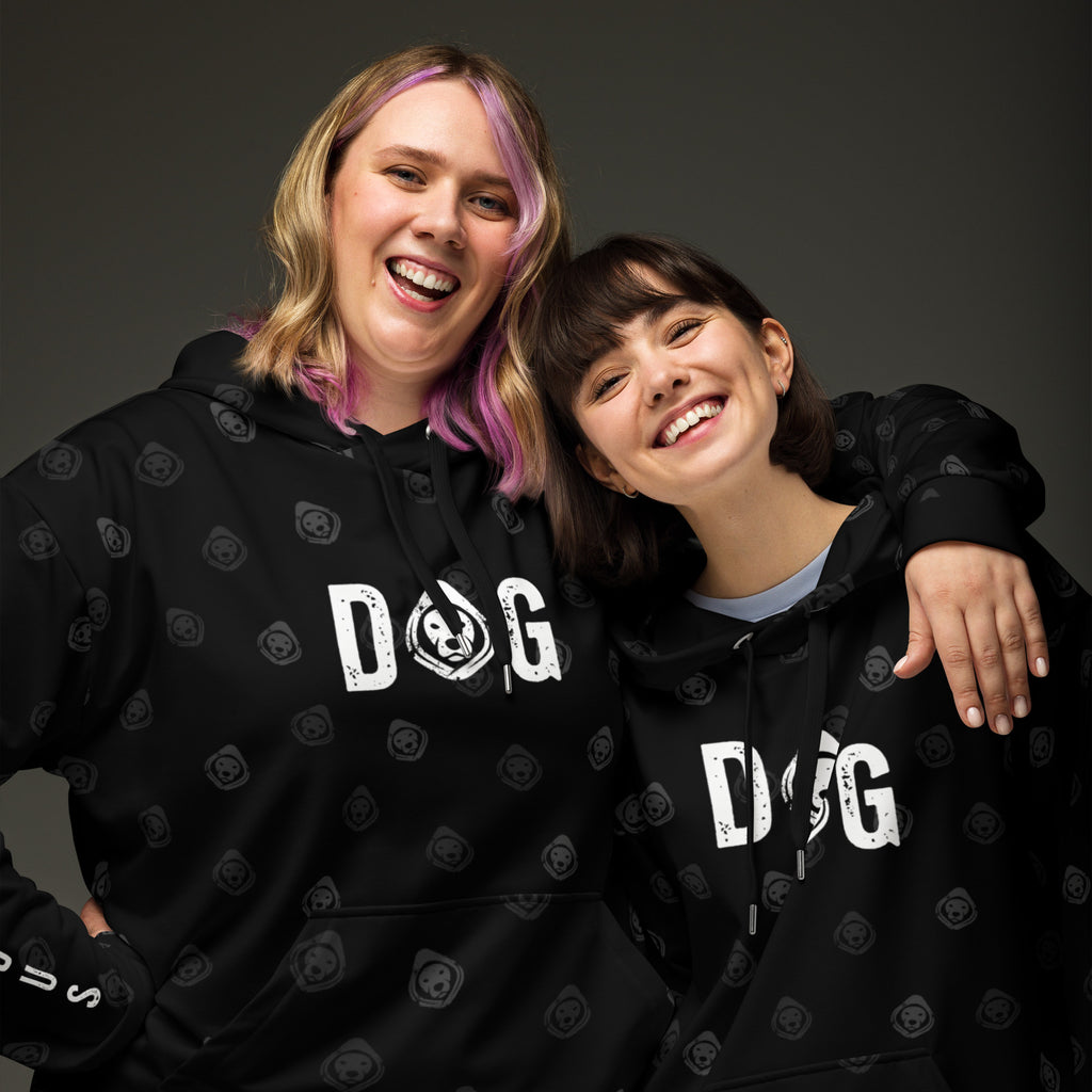 DOG All-Over Print Recycled Unisex Hoodie – Soft Fleece, Bold Streetwear
